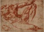 Studies of a reclining male nude: Adam in the fresco The Creation of Man on the vault of the Sistine Chapel, c1511. Dark red chalk over some stylus underdrawing (left calf and elsewhere). Michelangelo. © The Trustees of the British Museum.