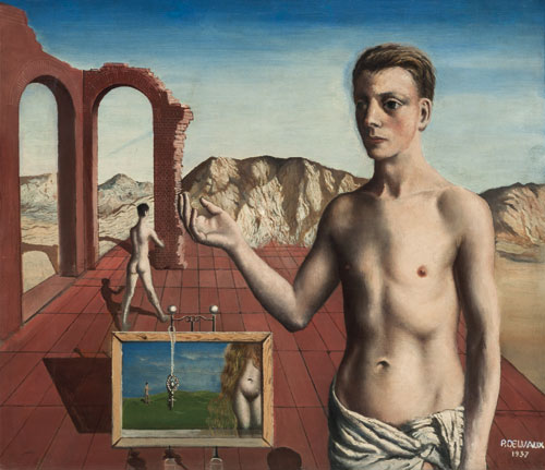 Paul Delvaux. Le récitant, 1937. Oil on canvas, 70 x 80 cm. © Paul Delvaux Foundation, Belgium. Courtesy of Blain|Di Donna and the Paul Delvaux Foundation, Belgium.