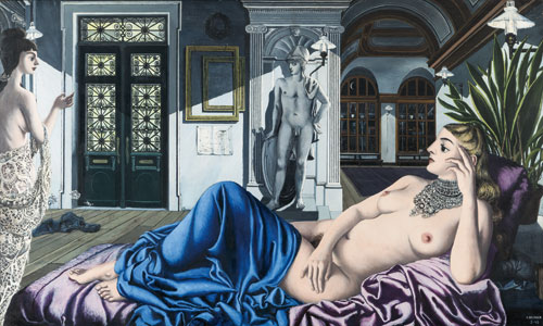 Paul Delvaux. L'éloge de la mélancolie, 1948. Oil on panel, 153 x 255 cm. © Paul Delvaux Foundation, Belgium. Courtesy of Blain|Di Donna and the Paul Delvaux Foundation, Belgium.