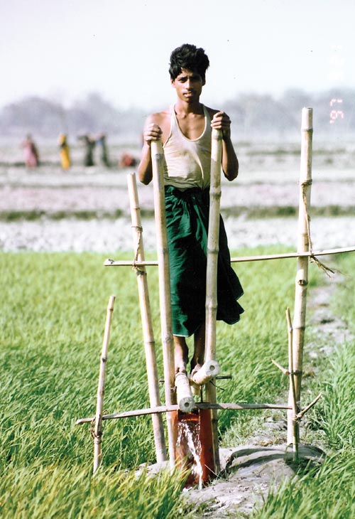 Bamboo treadle pump. Designer: Gunnar Barnes and International Development Enterprises Nepal. Manufacturer: numerous small- and medium-sized local workshops, Nepal and Bangladesh, 2006. Metal, plastic, bamboo. Dimensions: 5 ft x 2.5 ft x 7  ft. Photo © 2003 International Development Enterprises