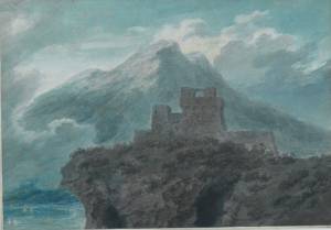 John Robert Cozens (1752-1797). A ruined fort near Salerno, c. 1782. Graphite, watercolour and opaque watercolour (with scratching out) on laid paper, 251 x 368 cm. The Courtauld Gallery.