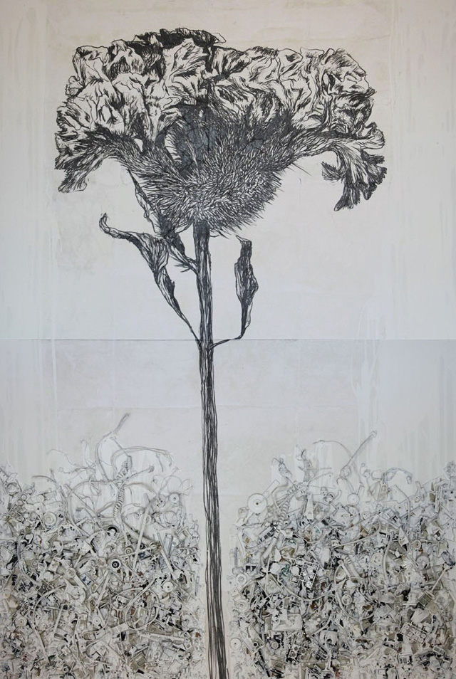 Asya Dodina and Slava Polishchuk, What Remains 2, 2013. Mixed media on canvas, 80 x 54 in.