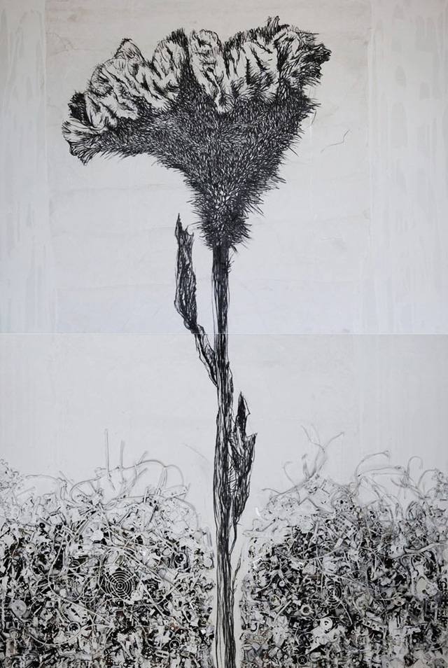 Asya Dodina and Slava Polishchuk, What Remains I, 2013. Mixed media on canvas, 80 x 54 in.