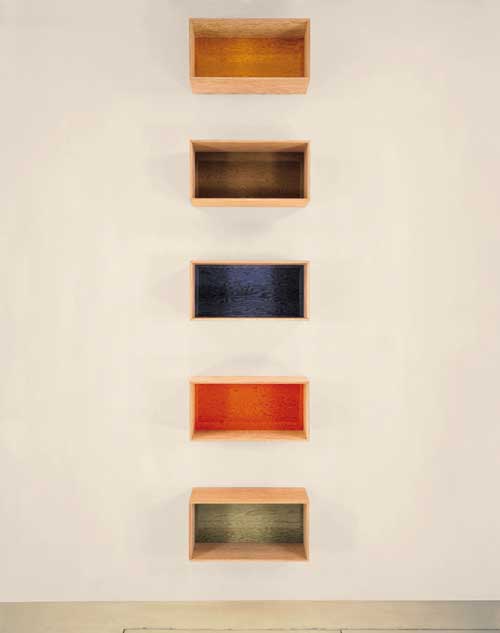 Donald Judd, <em>Untitled</em> 1993. Douglas Fir plywood with grey, yellow, brown, blue, orange and green transparent Plexiglas. 6 units, each 50 x 100 x 50cm with 50cm intervals. Collection Judd Foundation. ARTS© 2004 Judd Foundation/ Licensed by VAGA, New York/DACS, London