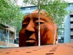 Antony Donaldson. Corten steel head of Alfred Hitchcock, approximately 4m in height and 7m from front to back, 18 tonnes, on the former site of Gainsborough Studios in north London.