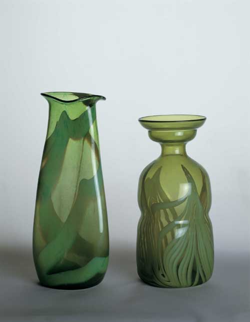 Two vases Designed by Christopher Dresser. Manufactured by James Couper 
        & Sons Glasgow, Scotland, ca. 1890. Clutha glass (blown, bubbled glass 
        with coloured inclusions). Lent by The Birkhead Collection. Photo © 
        2001 Michael Whiteway