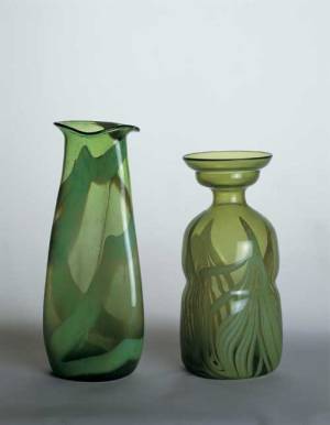 Two vases Designed by Christopher Dresser. Manufactured by James Couper 
        & Sons Glasgow, Scotland, ca. 1890. Clutha glass (blown, bubbled glass 
        with coloured inclusions). Lent by The Birkhead Collection. Photo © 
        2001 Michael Whiteway