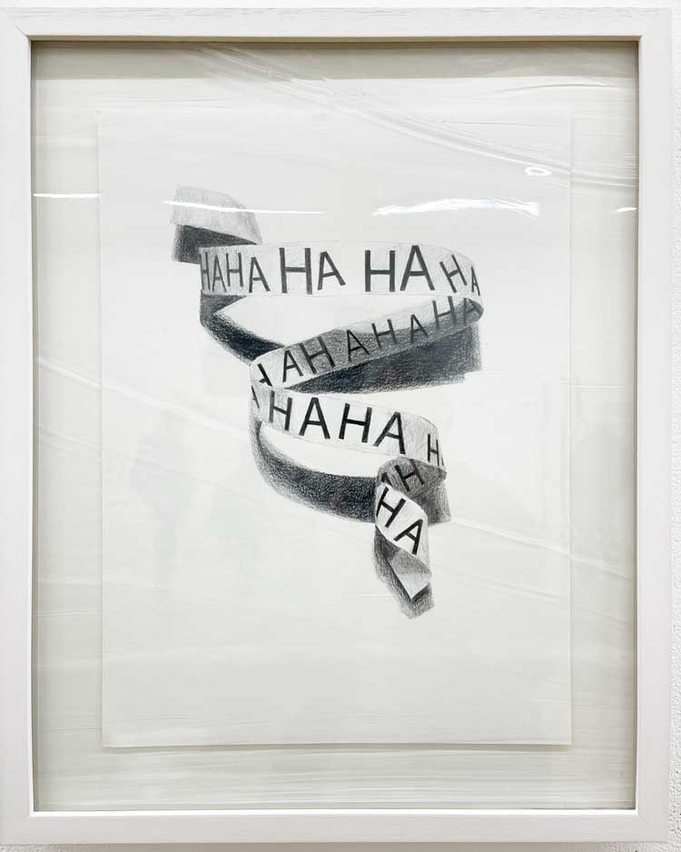 One of several scroll drawings set behind bespoke glass, installation view, Paul Eastwood: Unreadings, Mostyn, Llandudno, 14 March – 20 June 2026. Photo: © Veronica Simpson.