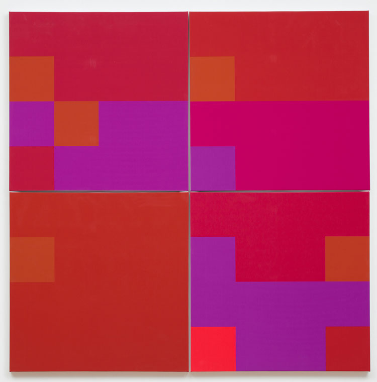 Ernest Edmonds, Four from Shaping Forms (Park Hill B), 2014. Acrylic and digital print on canvas, 150 x 150 cm. Private collection. Photo: Thales Leite.