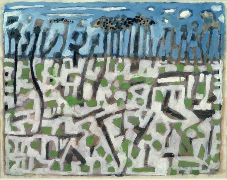 Wayne Eager, Regrowth after fire Kakadu, 1991. Gouache on paper, 55 x 70 cm. Image © the artist.