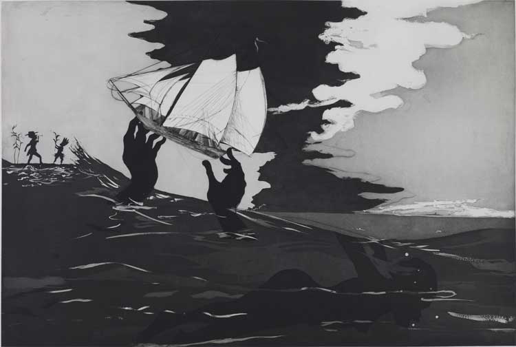 Kara Walker, no world, from An Unpeopled Land in Uncharted Waters, 2010. Etching with aquatint, sugar-lift, spit-bite and drypoint on paper, 68.6 x 99.1 cm. British Museum, London. © Kara Walker, courtesy of Sikkema Jenkins & Co. and Sprüth Magers.