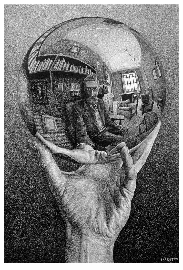 Maurits Cornelis Escher. Hand with Reflective Sphere, 1935. Lithograph, 31.8 x 21.3 cm. Collezione Rock J. Walker / Walker Fine Art, USA. All M.C. Escher works © 2023 The M.C. Escher Company. All rights reserved.