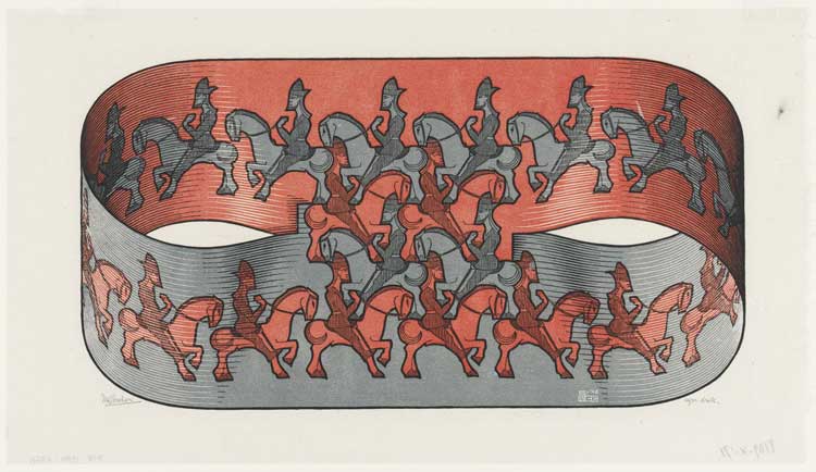 Maurits Cornelis Escher. Horsemen, 1946. Woodcut 23.9 x 44.9 cm. Collezione M.C. Escher Foundation, Paesi Bassi. All M.C. Escher works © 2023 The M.C. Escher Company. All rights reserved.