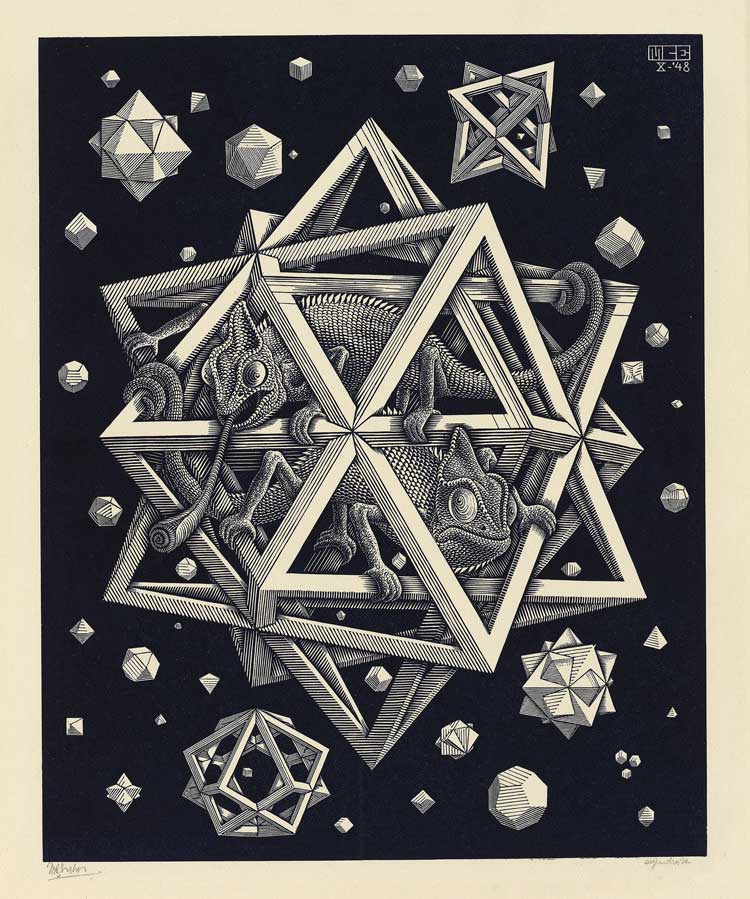 Maurits Cornelis Escher. Stars, 1948. Head woodcut, 32 x 26 cm. Collezione M.C. Escher Foundation, Paesi Bassi. All M.C. Escher works © 2023 The M.C. Escher Company. All rights reserved.