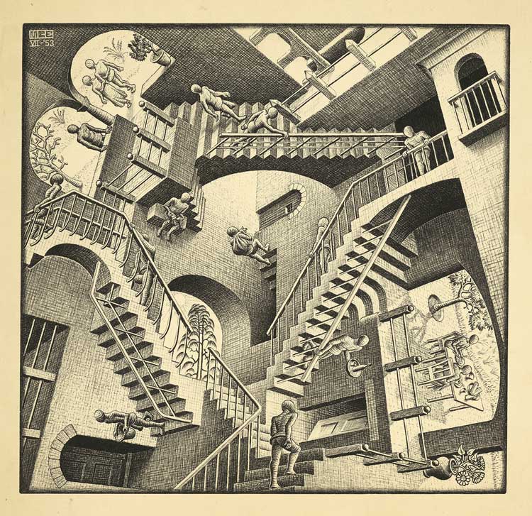 Maurits Cornelis Escher. Relativity, 1953. Lithograph, 27.7 x 29.2 cm. Collezione M.C. Escher Foundation, Paesi Bassi. All M.C. Escher works © 2023 The M.C. Escher Company. All rights reserved.