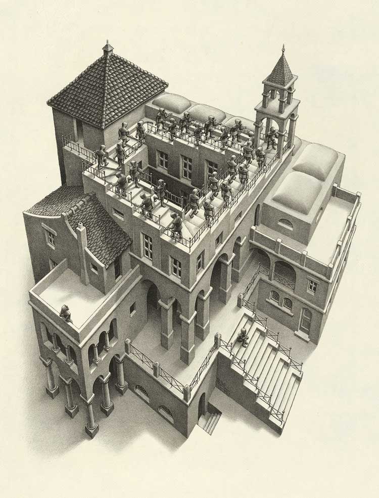 Maurits Cornelis Escher. Ascending and Descending, 1960. Lithograph, 35.5 x 28.5 cm. Collezione M.C. Escher Foundation, Paesi Bassi. All M.C. Escher works © 2023 The M.C. Escher Company. All rights reserved.