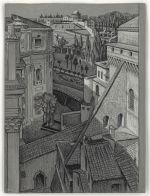 Maurits Cornelis Escher. Between St Peter's and the Sistine Chapel, 1936. Pastel and chalk, 31.7 x 23.8 cm. All M.C. Escher works © 2023 The M.C. Escher Company. All rights reserved .