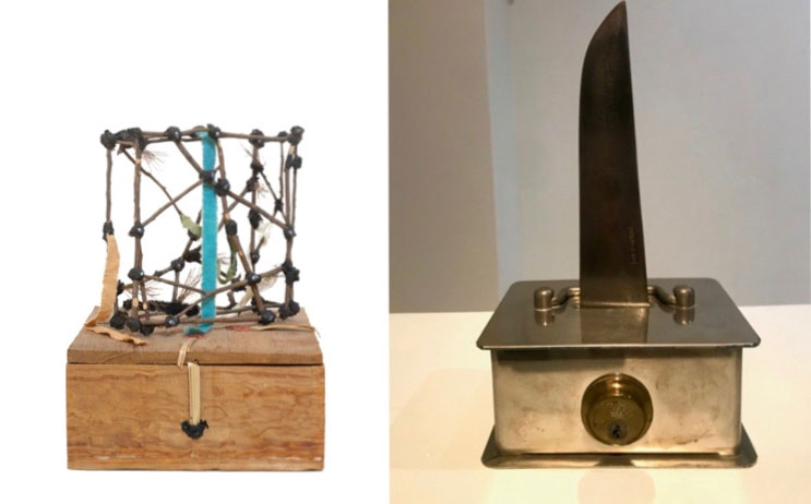 Left: Juan Francisco Elso, El verbo, 1987.Wood, twigs, jute, and fabric. Courtesy of Mr. Reynold C. & Dr. Marlene L. Kerr, Miami; Right: Papo Colo, Artefacto para guardar secretos, 1977. Steel, brass, and aluminum. Courtesy of El Museo del Barrio, New York. Acquired with funds from El Museo Purchase Fund and a grant from the National Endowment for the Arts, 1993.