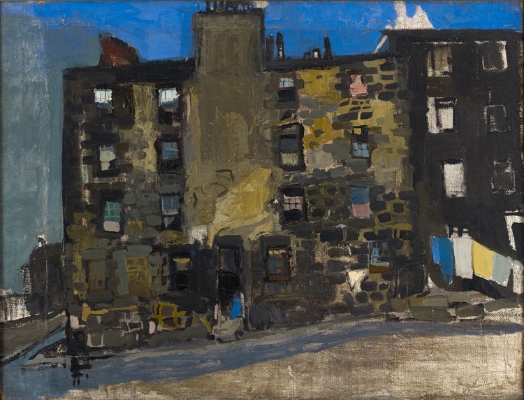 Joan Eardley. Glasgow Tenement, Blue Sky, 1956. Oil on canvas, 81 x 101.5 cm. Private collection.