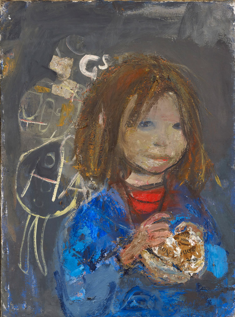 Joan Eardley. Girl with a Poke of Chips. Oil on canvas with newspaper, 68 x 50 cm.
