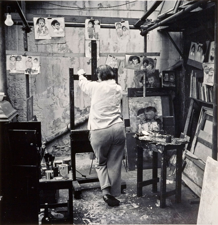 Joan Eardley in her Townhead Studio - Pink Jumper top right. Photograph by Audrey Walker.