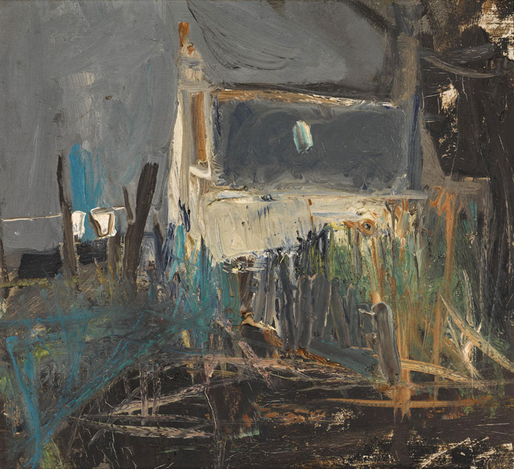 Joan Eardley. Cottages, Catterline, 1961. Oil on board, 25.5 x 26.5 cm.