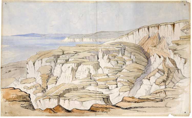 Mary Buckland, View of the Axmouth Landslip,1840. Watercolour on paper, 56 x 91 cm. Oxford University Museum of Natural History, Buckland Collection.