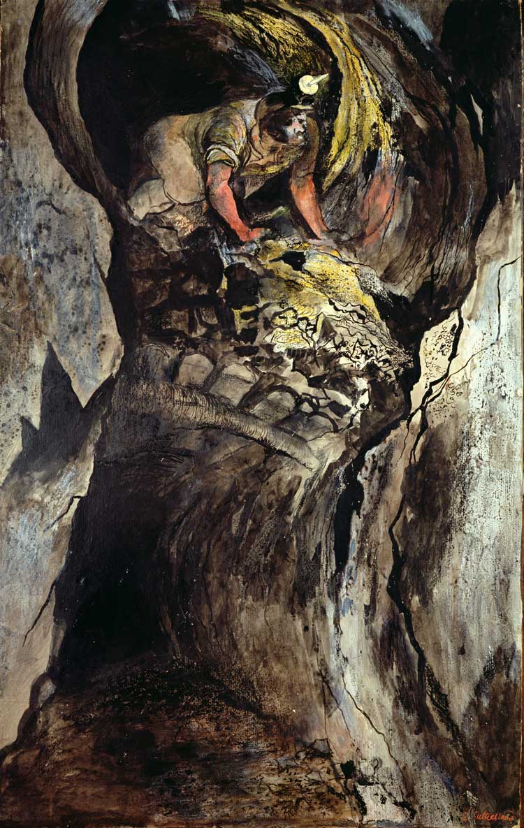 Graham Sutherland, Cornish Tin Mine, Emerging Miner, 1943. Oil on canvas, 118.1 x 76.2 cm. Copyright Leeds Museums and Galleries / The Estate of Graham Sutherland.