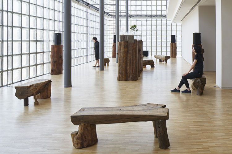 Nurturing Exhibitions, 2021. Six music compositions by Phill Niblock, soil and the Amanatsu orange sapling from Masanobu Fukuoka Natural Farm, wooden pedestals, speakers, wooden benches, wooden planter, acrylic case, water, sunlight. Photo copyright Nacása & Partners Inc / Courtesy of Fondation d’entreprise Hermès.