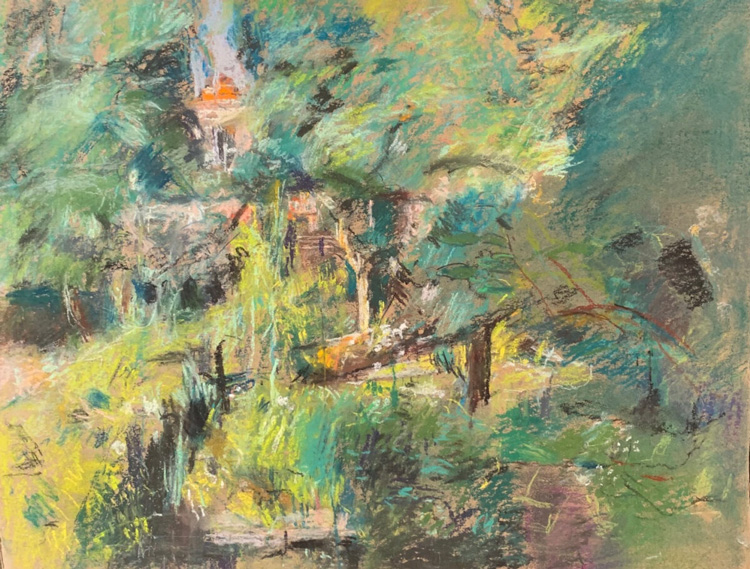 Anthony Eyton. Brixton Garden, 2014. Pastel on card, 18 1/2 x 24 in. Photo courtesy Browse & Darby.