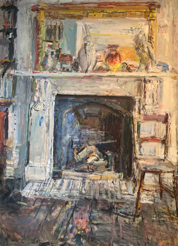 Anthony Eyton. Mirror, Chair & Fireplace, oil on canvas, 2019. Photo courtesy Browse & Darby.