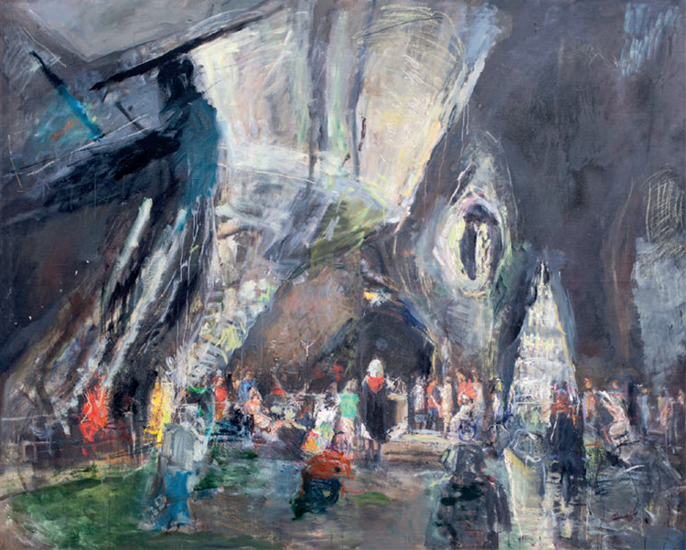 Anthony Eyton. The Grotto, Lourdes, 1996-2019. Oil on canvas, 76 1/4 x 94 1/2 in. Photo courtesy Browse & Darby.