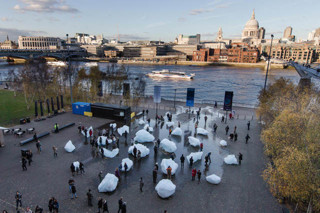 Olafur Eliasson and Minik Rosing. Ice Watch. Blocks of glacial ice, dimensions variable. Supported by Bloomberg. Installation view, Bankside, outside Tate Modern, 2018. Photo: Charlie Forgham Bailey. © 2018 Olafur Eliasson and Minik Rosing.