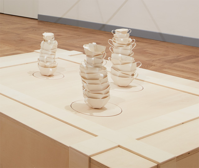 Elisabetta Di Maggio. At still point of turning world, 2016. Porcelain, glass, wood, loudspeaker, computer. Base: 150 x 120 x 30 cm (59 1/8 x 47 1/4 x 11 3/4 in). Photo: Agostino Osio, courtesy Mazzoleni London Torino.