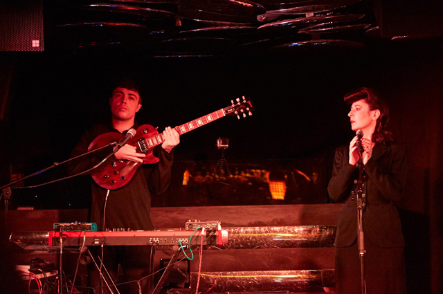 Dominique Gonzalez-Foerster performing at the Greengo bar, Gstaad Palace Hotel, 2019. Photo: Torvioll.