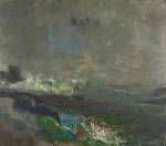 Joan Eardley. Boats on the Shore, about 1963. Oil on hardboard, 101.6 x 115.6 cm. Collection: National Galleries of Scotland. © Estate of Joan Eardley. All Rights Reserved, DACS 2016.