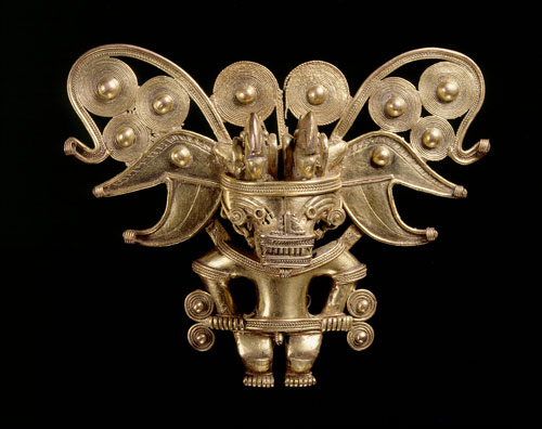 Anthropomorphic bat pectoral, Tairona, gold alloy, AD900-1600. Copyright Museo del Oro, Banco de la Republica, Colombia.