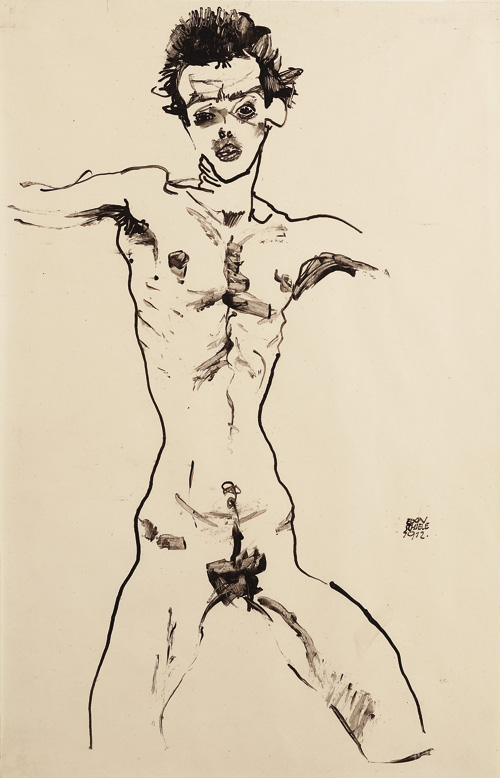 Egon Schiele. Nude Self-Portrait (study for the Sema portfolio), 1912. India ink and brush on paper, 46 × 29.1 cm. 
Leopold Museum, Vienna,.