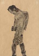 Egon Schiele. Standing Male Nude, 1910. Gouache and charcoal on paper,  44.8 × 31.7 cm. Leopold, Private collection.