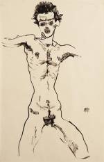 Egon Schiele. Nude Self-Portrait (study for the Sema portfolio), 1912. India ink and brush on paper, 46 × 29.1 cm. 
Leopold Museum, Vienna,.