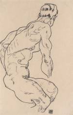 Egon Schiele. Sitting Nude Men turned to the right, 1918. Black crayon on paper, 46.1 × 29.4 cm. Leopold, Private collection.