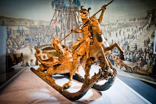 Carnival Sledge, used during winter carnival celebrations. Made by unknown craftsmen, Russian(?), 1760-70. Carved and gilded wood, steel and leather. Cat No 161.