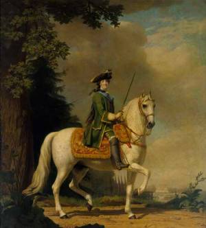 Equestrian Portrait of Catherine II. By Vigilius Eriksen, 1722-82, Danish, signed after 1762. Oil on canvas.

This is a small version of the huge painting that Eriksen undertook for the Audience Hall in the great palace at Peterhof. Catherine is depicted in Horse-Guard’s uniform on her stallion Brilliant. Cat No 32.