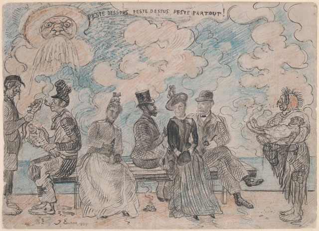 James Ensor. Plague here, Plague there, Plague Everywhere, 1888. Black, blue and red chalk and graphite on paper, 22.5 x 30 cm. Koninklijk Museum voor Schone Kunsten, Antwerp. Photograph: KMSKA © www.lukasweb.be - Art in Flanders vzw. Photograph: Hugo Maertens / © DACS 2016.