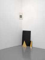 Haris Epaminonda. Untitled #20 t/f, 2014. Framed found image, 31.6 x 24.8 cm; iron plate, 75 x 54 cm; wooden plate with gold leaf and black pastellone, 27 x 20cm; wooden pyramid with gold leaf 30 x 15 x 15 cm. Courtesy the artist and Galleria Massimo Minini, Brescia. Photograph: Andrea Gilberti.