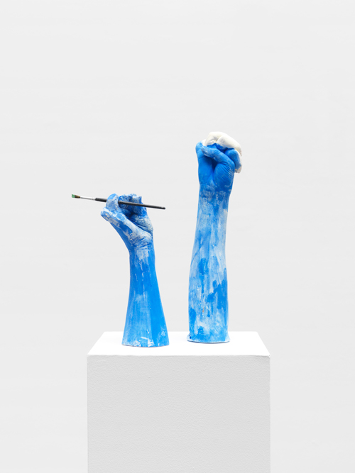 Tamar Ettun. Hand with Twisted Fingers and Hand with a Brush, 2015. Plaster, plastic, wood, 12 x 12 x 8 in.
