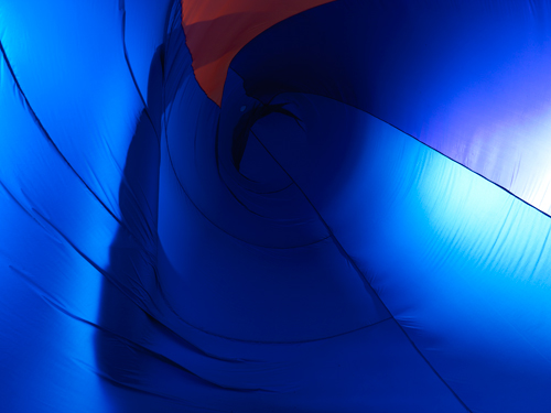 Tamar Ettun. Blue Bubble, 2015. Parachute nylon fabric, industrial fan, velcro, 240 x 180 x 60 in.