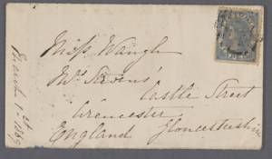 Unknown. Envelope from Victoria to UK, 1st March 1869–69. 6.8 x 12.1 cm (envelope). Private collection, Victoria.