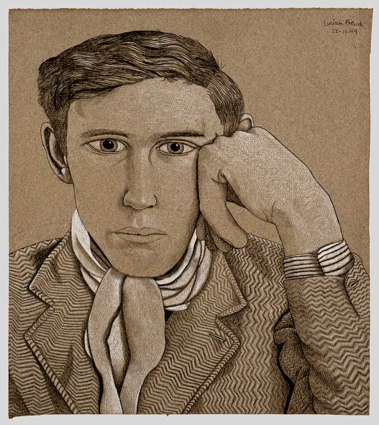 Lucian Freud, Portrait of a Young Man, 1944. Black crayon and chalk on paper. © The Lucian Freud Archive. All Rights Reserved 2026 / Bridgeman Images, Lent by a private collection.