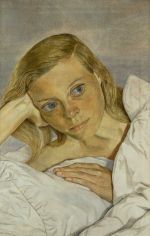 Lucian Freud, Girl in Bed, 1952. Oil on canvas, 45.7 x 30.5 cm. © The Lucian Freud Archive. All Rights Reserved 2026 / Bridgeman Images. Photo © National Portrait Gallery, London. Lent by a private collection, courtesy of Ordovas.
